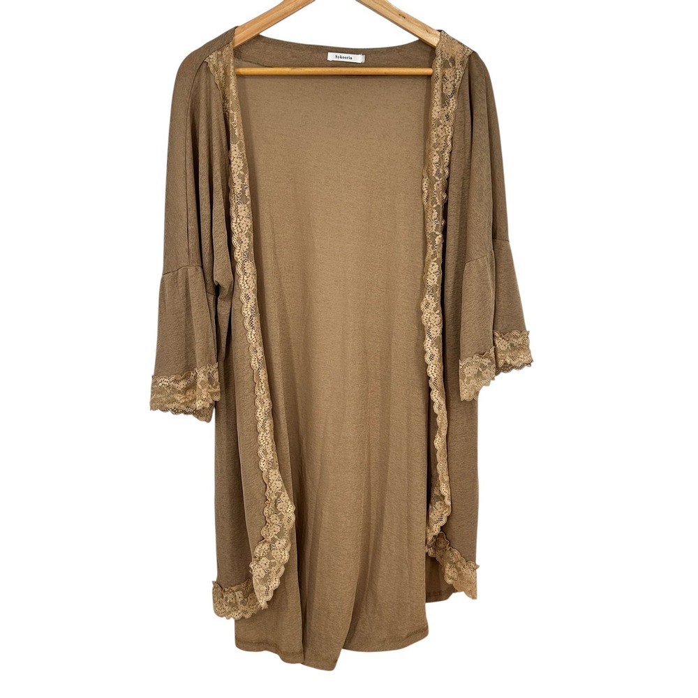 Sykooria Lace Trim Open‎ Front Cardigan Brown Bell Sleeve XL